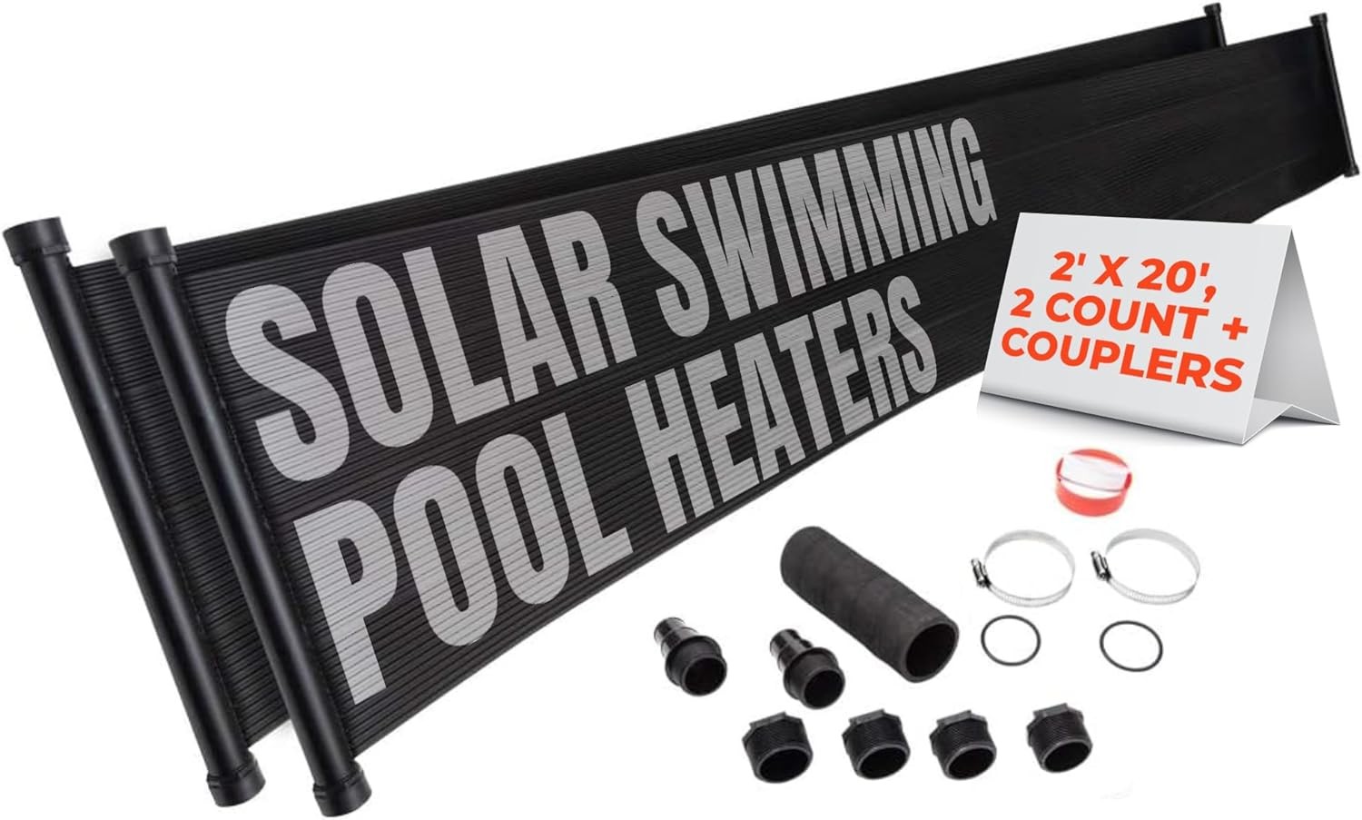 SunQuest Solar Swimming Pool Heaters - (2' x 20', 2 Count + Couplers) - Solar Hot Water Heater Panels w/Max-Flow Design - Pool Heaters for Above Ground Pools & Inground Pools, Pool Accessories